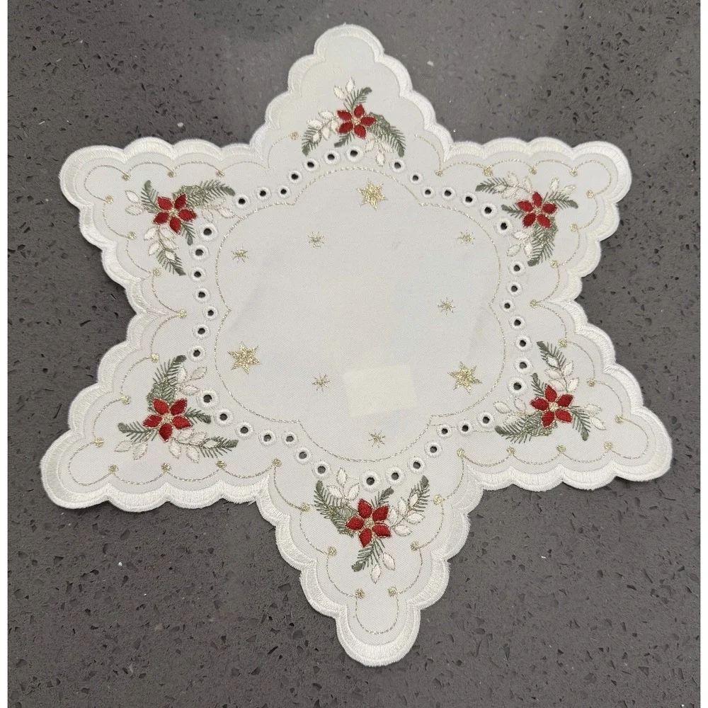Star Handmade‎ Christmas Linen Red Flowers Tablecloth Doily Made In Germany